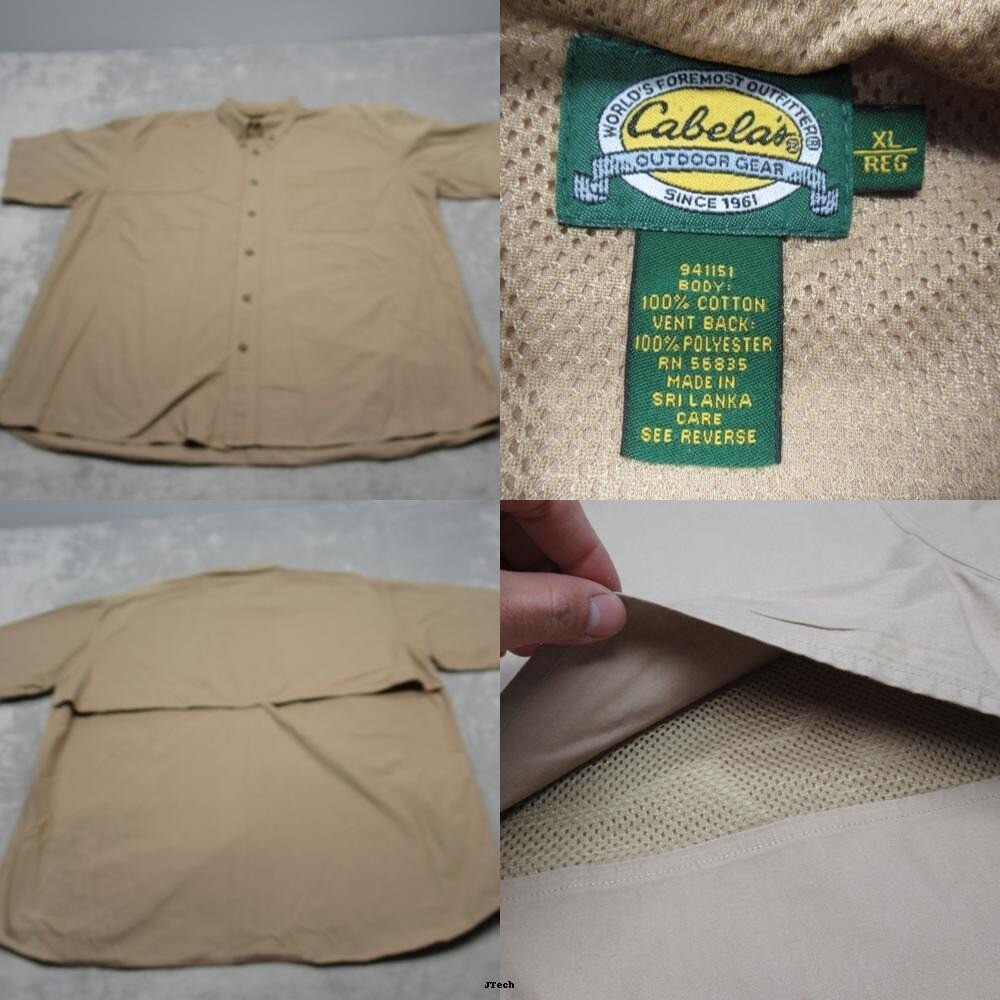 Cabelas Shirt Mens XL Beige Vented Button Down Short Sleeve Thick Fishing Camp